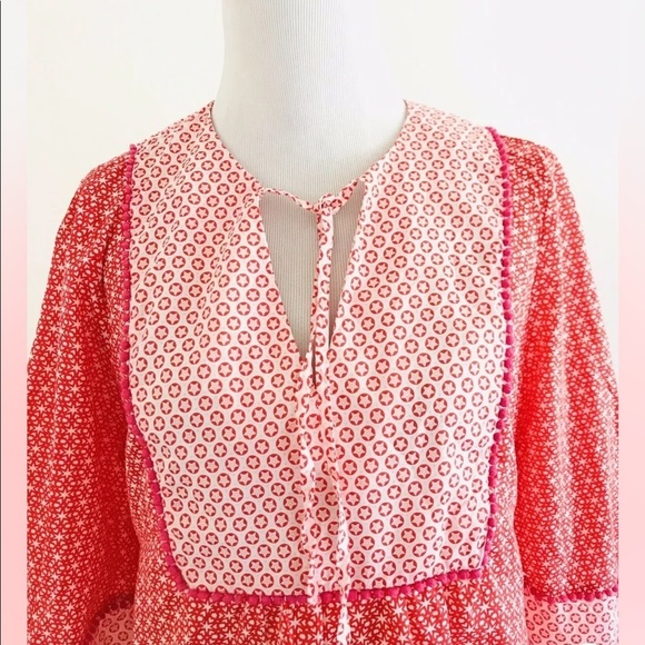 Boden | Gauzy Tie Neck Top Womens Size 6 Red Pullover Boho Star Print Blouse - Picture 8 of 12